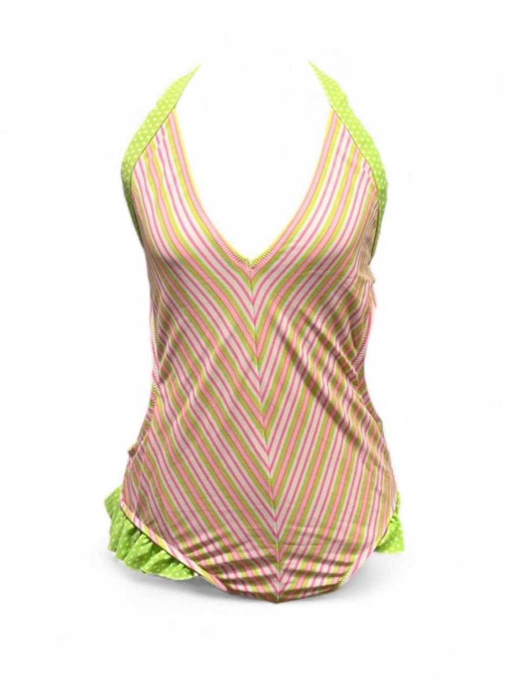 Women’s Green and Pink Striped Halter Tankini Top Skinny Dip Swimsuit